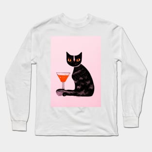 Cat with a Cocktail Retro Poster Vintage Art Cat Wall Cocktail Pink Illustration Long Sleeve T-Shirt